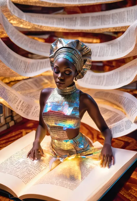 a holographic image of a miniature african woman  dressed in paper designed clothes laying on a giant open book, words in the bo...