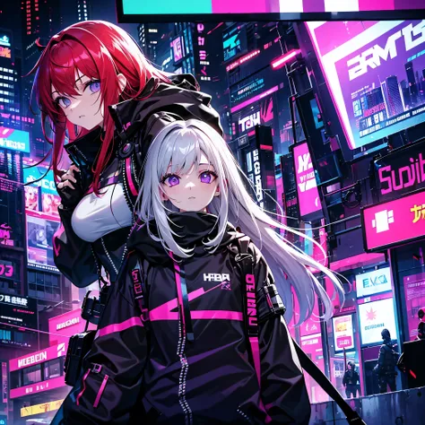 Cyberpunk, neon eyes, two Red-haired sisters with gray or purple eyes