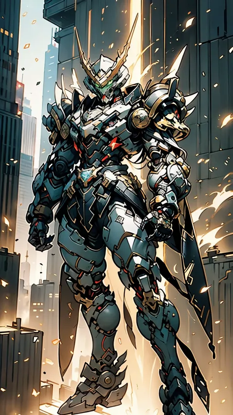 A man wearing a full-face helmet, a fantasy-style biotech armored combat suit, green eyes, (a composite layered chest armor), fully enclosed shoulder guards, matching arm and leg guards, the belt is adorned with fangs biting into gem, (the color scheme is ...