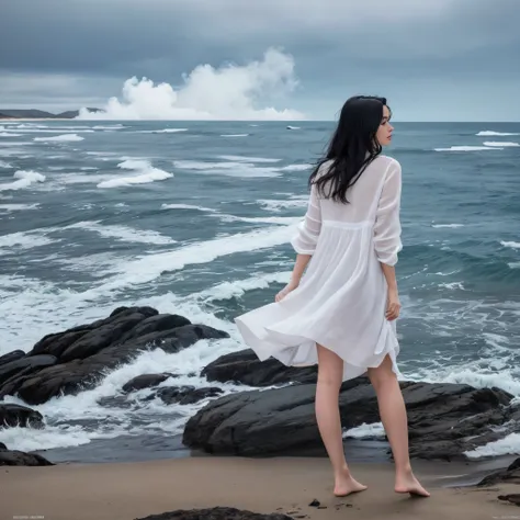 ((masterpiece)) a nordic woman is standing on the cliff, looking at the ocean. she has long black hair waving behind her back an...