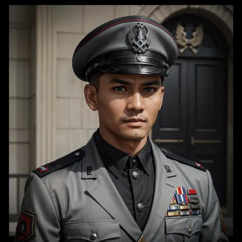 
"Craft a vivid narrative depicting a strikingly handsome Indonesian military officer, his raven-black hair framing sharp features, during World War II. He serves in the Waffen-SS, clad in a steely grey uniform with a military cap adorning his head. Despit...