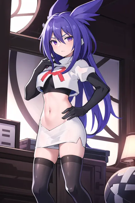 masterpiece, 1girl, levia (trillion), team rocket,team rocket uniform,white skirt,red letter R,crop top,black thigh-highs,black elbow gloves