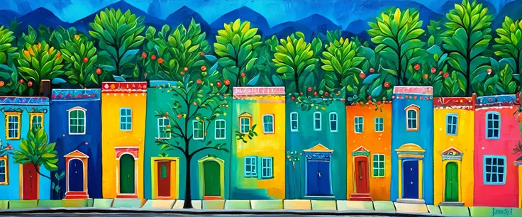 city street lined with buildings and houses, vibrant colors, handpainted details, greens and blues, simple design, colorful illustration, whimsical folk art, naive, oil painting, in the style of Jeanne du Maurier, in the style of Frida Kahlo，Xill