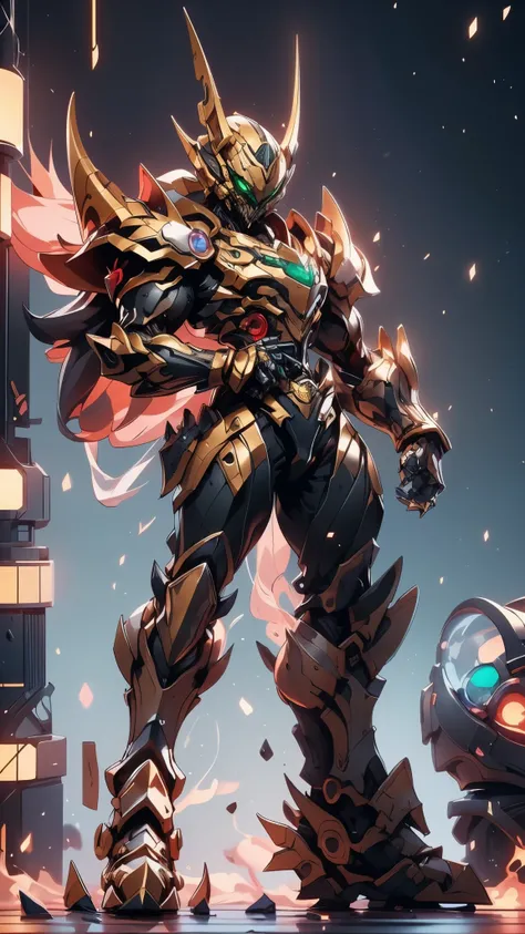 A man wearing a full-face helmet, a fantasy-style biotech armored combat suit, green eyes, (a composite layered chest armor), fully enclosed shoulder guards, matching arm and leg guards, the belt is adorned with fangs biting into gem, (the color scheme is ...