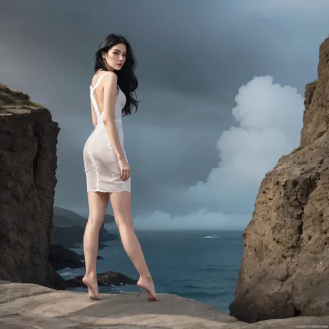 ((Masterpiece)) A Nordic woman is standing on the cliff, looking at the ocean. She has long black hair waving behind her back and sky-blue eyes. She wears a white linen dress that moves with the breeze. A highly detailed and hyper-realistic depiction of a ...