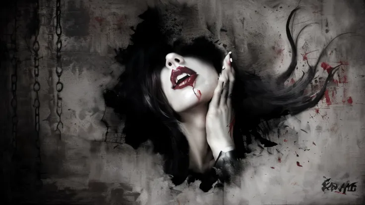 un primer plano de una mujer con sangre en la cara y las manos, woman vampiro, vampiro girl, vampiros fantasy, female vampiro, beautiful female vampiro, sangre goteando de la boca, scary vampiro, vampiro portrait, beautiful vampiro queen, beautiful scary f...