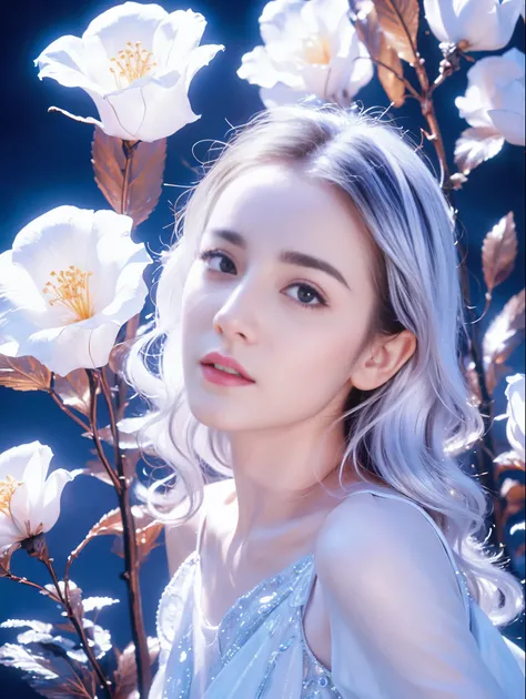 (((masterpiece))), best quality, illustration, 4k wallpaper, light, absurd, 1 girl,(snow,ice), snow花, In winter, white hair, Shiny hair, curls, Transparent clothes, decorate, Lace, Wet clothes, away_Shoulder, Headband,masterpiece, telephoto lens, absurd, E...