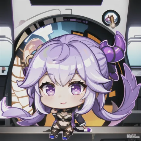 a cartoon image of a girl with a purple hair and a black top, kda, character art of maple story, （（Deer antler hair accessories））advanced digital chibi art, arcane art style, 2 d sprite, genshin impact character, official character art, chibi monster girl,...