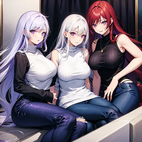 (Two woman) Mature, long hair, redhead woman with purple eyes, sexy, tight black sweater, tight jeans. Another white hair womans with purple eyes, sleeveless sweater. 