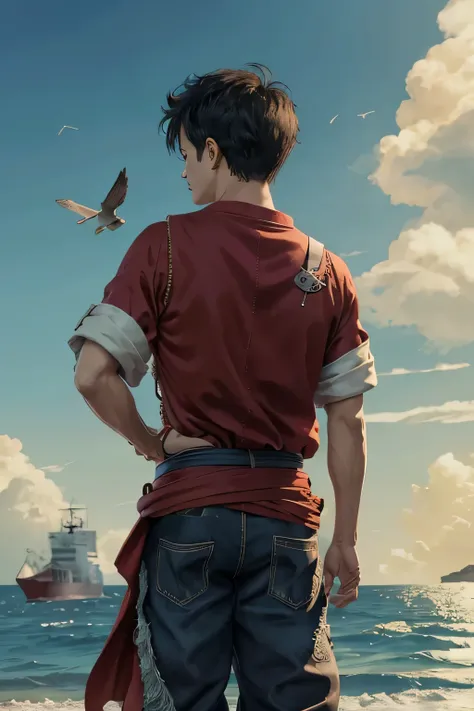 luffy, 1 boy, overlooking sea,backside, backshot, many ship on the sea, beautiful sky, bird fly, luffy clothes, detail clothes, realistic clothes, realistic sea and sky, 8K, high res, realistic background, cinematic poster.