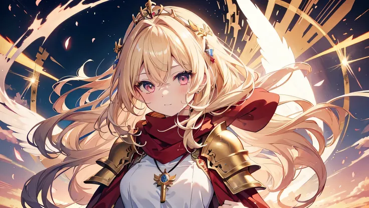 masterpiece, highest quality, High resolution，Head portrait，Japanese anime style，Gorgeous Western Armor、Clear skin、Beautiful blonde hair、A woman in golden armor holding a large sword, Angel Knight Girl, Golden Armor of an Angel, Anime Goddess, Anime fantas...