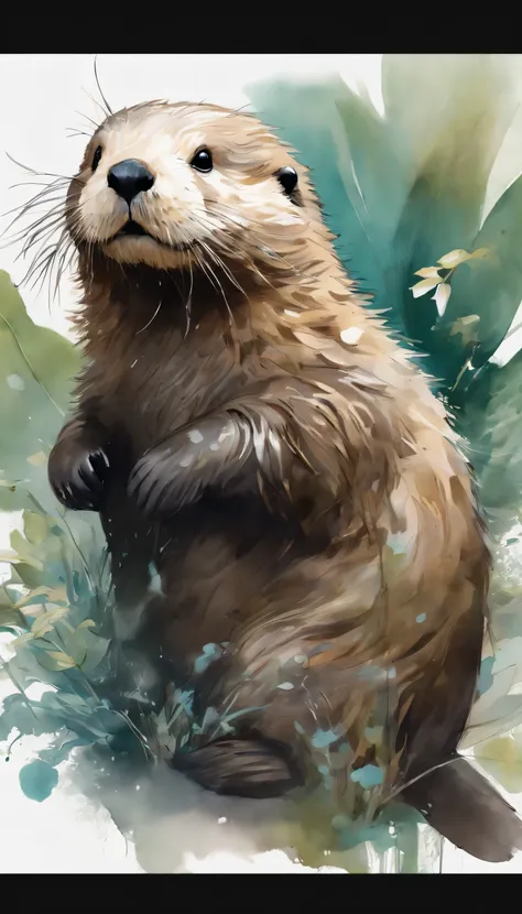 Perfect Center, Cute sea otter,Standing in the garden， worn， standing posture, Abstract Beauty, Center, With your back to the camera, Nearly perfect, Dynamic, Very detailed, Smooth, Clear focus, 8k, High definition resolution, illustration, Artwork by Carn...