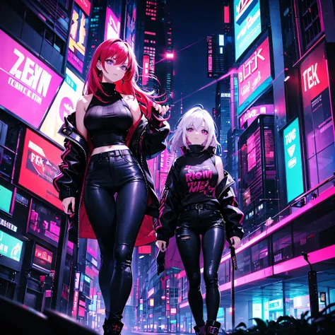 (Two woman) cyberpunk, neon lights, red-haired woman with purple eyes, sexy, tight black sweater, tight jeans. White hair womans with purple eyes, sleeveless sweater. 