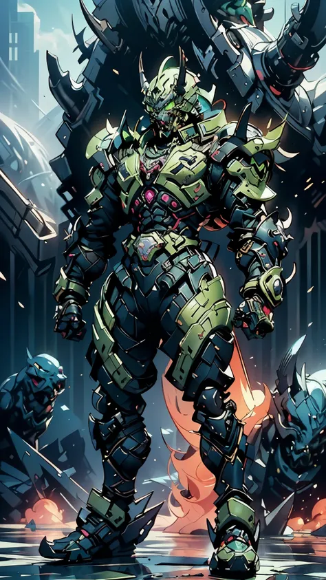 A man wearing a full-face helmet, a fantasy-style biotech armored combat suit, green eyes, (a composite layered chest armor), fully enclosed shoulder guards, matching arm and leg guards, the belt is adorned with fangs biting into gem, (the color scheme is ...