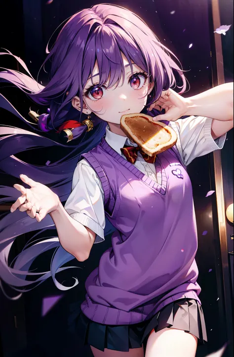 yuukikonno, Yuki Konno, hair band, Long Hair, Pointed Ears, Purple Hair, (Red eyes:1.5), (Small breasts:1.2), smile,White shirt,Sweater vest, (purple Sweater vest:1.5),Short sleeve,,black pleated skirt,black tights,Brown Loafers,Toast in the mouth, running...