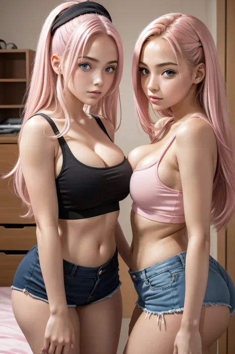 close-up portrait of 2 girls standing in dorm room, soft even lighting, 19 years old, perfect detailed eyes, pink and blonde and blue hair, stunningly beautiful, looking at viewer, pink and black hair, tank top, booty shorts, cleavage, big hips, showing of...