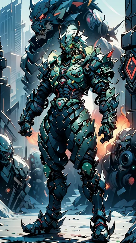 A man wearing a full-face helmet, a fantasy-style biotech armored combat suit, green eyes, (a composite layered chest armor), fully enclosed shoulder guards, matching arm and leg guards, the belt is adorned with fangs biting into gem, (the color scheme is ...