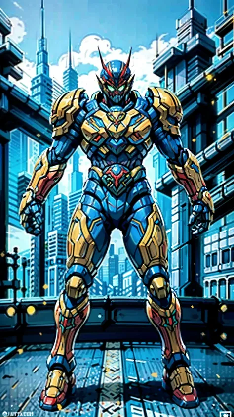 A man wearing a full-face helmet, a fantasy-style biotech armored combat suit, green eyes, (a composite layered chest armor), fully enclosed shoulder guards, matching arm and leg guards, the belt is adorned with fangs biting into gem, (the color scheme is ...