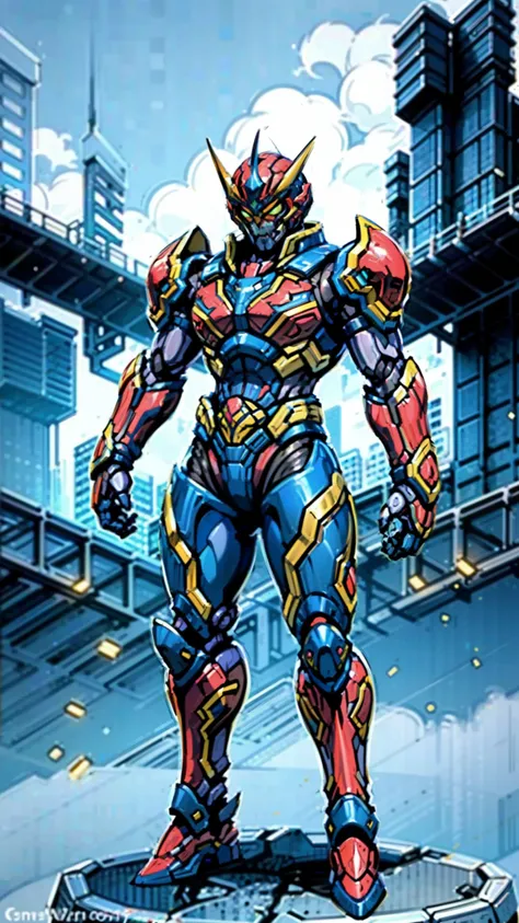 A man wearing a full-face helmet, a fantasy-style biotech armored combat suit, green eyes, (a composite layered chest armor), fully enclosed shoulder guards, matching arm and leg guards, the belt is adorned with fangs biting into gem, (the color scheme is ...