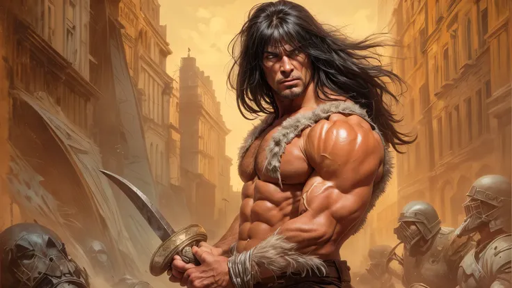 Extremely muscular man, chiseled features, washboard stomach, dark hair, detailed eyes, fierce expression, conan the barbarian, frank franzetta, 