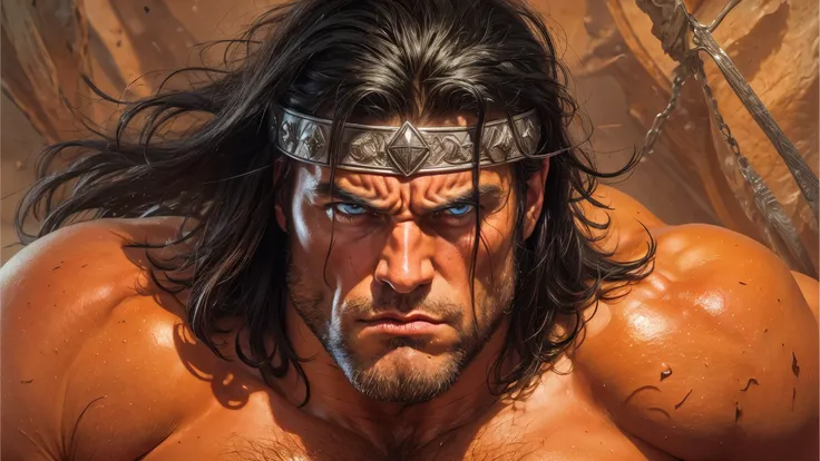 Extremely muscular man, chiseled features, washboard stomach, dark hair, detailed eyes, fierce expression, conan the barbarian, frank franzetta, 