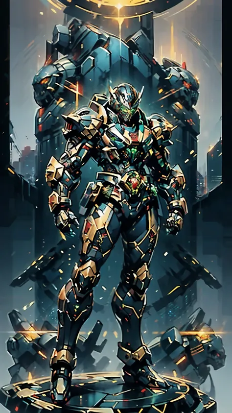 A man wearing a full-face helmet, a fantasy-style biotech armored combat suit, green eyes, (a composite layered chest armor), fully enclosed shoulder guards, matching arm and leg guards, the belt is adorned with fangs biting into gem, (the color scheme is ...