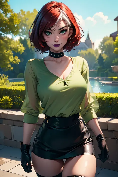 Masterpiece, beautiful art, professional artist, 8k, very detailed face, very detailed hair, 1girl, Rogue (RogueXME, short hair, two-tone hair, (red hair), (white bangs), green eyes, purple makeup, purple lipstick, medium breasts, smiling, choker, studded ...