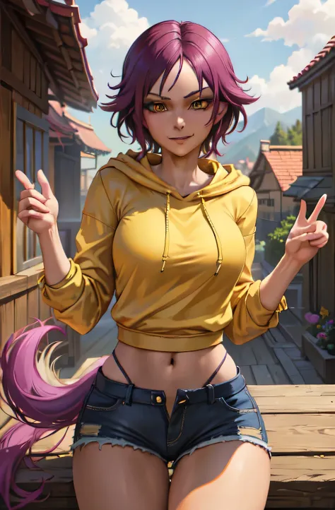 (Masterpiece, Best Quality:1.2), Solo, 1girl, Shihouin Yoruichi, Smirk, Looking at the Viewer, Tail, Realistic Eyes, Best Quality, Closed Mouth, Beautiful Lighting, Cinematic, 8K, Facial, Wet Face, Liner, Wooden Walls, Big , Yellow Hoodie, Short Shorts, Wi...