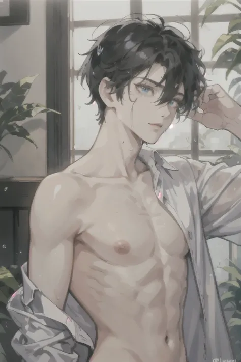 masterpiece, best quality, ultra detailed, solo man, male focus, ((Oblong face)), ((Square jawline)), black hair, ((hairs between eyes)), shoulder length, ((narrow blue eye)), shirt, fair skin, skinny body, beauty mark, nsfw, wet skin, pink nipples, hand o...