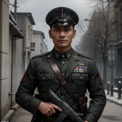 "Craft a vivid narrative depicting a strikingly handsome Indonesian military officer, his raven-black hair framing sharp features, during World War II. He serves in the Waffen-SS, clad in a steely grey uniform with a military cap adorning his head. Despit...
