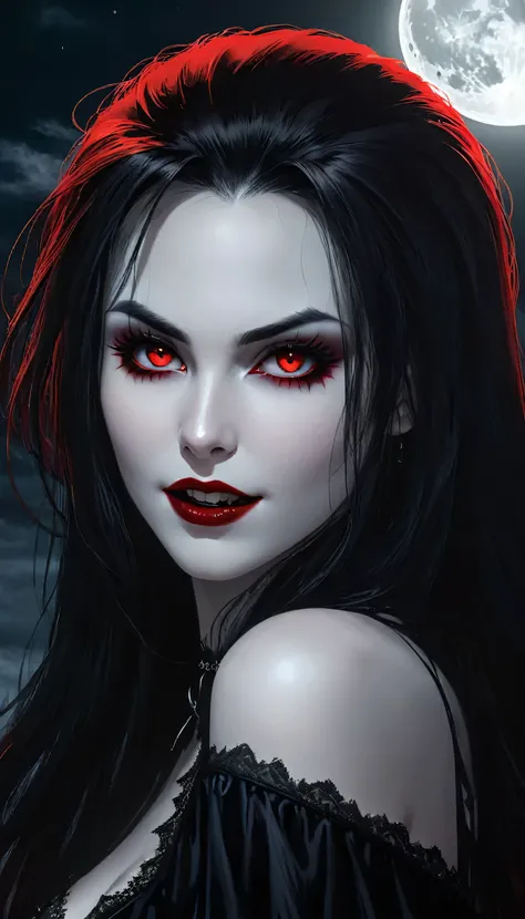 (best quality,highres),far away camera angle,looking into a female vampires eyes,demonic smile,pointed fangs,beautiful detailed eyes,sharp focus,piercing gaze,sinister atmosphere,pale skin,flowing dark hair,vivid red lips,black Gothic attire,full moon in t...