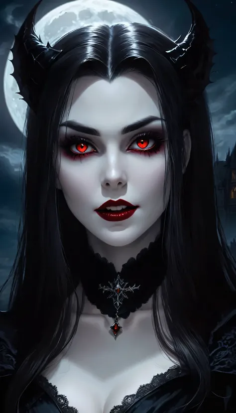 (best quality,highres),far away camera angle,looking into a female vampires eyes,demonic smile,pointed fangs,beautiful detailed eyes,sharp focus,piercing gaze,sinister atmosphere,pale skin,flowing dark hair,vivid red lips,black Gothic attire,full moon in t...