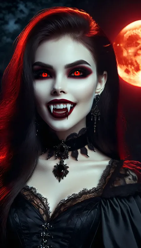 (best quality,highres),far away camera angle,looking into a female vampires eyes,demonic smile,pointed fangs,beautiful detailed eyes,sharp focus,piercing gaze,sinister atmosphere,pale skin,flowing dark hair,vivid red lips,black Gothic attire,full moon in t...