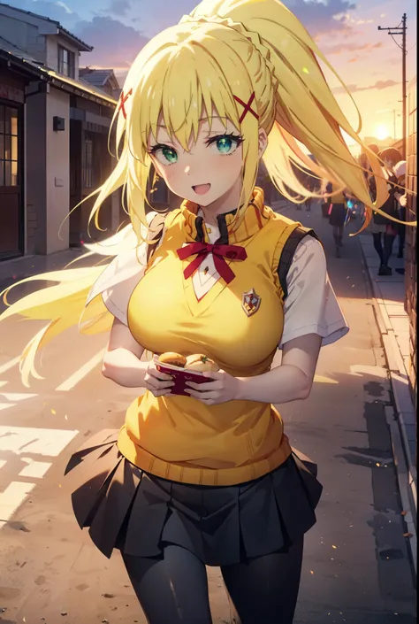Lalatina Dusty Nesford, Lalatina Dustines Ford, darkness (KonoSuba), Long Hair, (Green Eyes:1.3), Blonde, hair ornaments, ponytail, Braiding, x hair ornaments,Big Breasts,happy smile, smile, Open your mouth, White shirt,Short sleeve,Sweater vest, black tig...