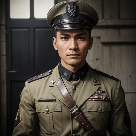 "Craft a vivid narrative depicting a strikingly handsome Indonesian military officer, his raven-black hair framing sharp features, during World War II. He serves in the Waffen-SS, clad in a steely grey uniform with a military cap adorning his head. Despit...