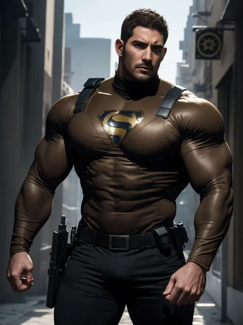 One Tall giant muscular police officer,  On the old-style outdoor streets, Wear a brown superhero bodysuit with long sleeves, Elastic spandex material，The expression is arrogant, Lift your chin, Messy hair, Thick thighs, Brown Superhero Bodysuit with Turtl...