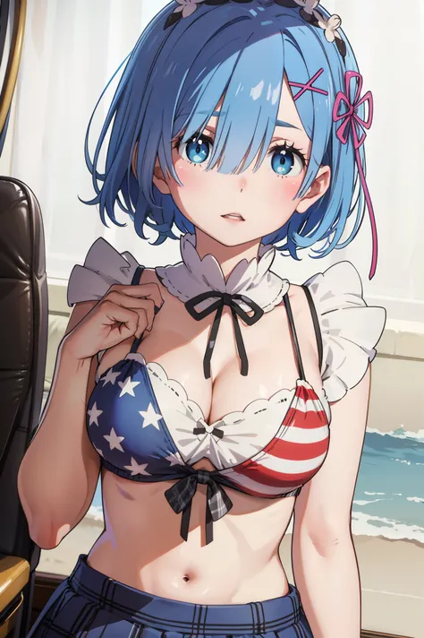 ph_rem, remhd, 1girl, blue hair, solo, blue eyes, x hair ornament,
BREAK (collar, white shirt, tied shirt, american flag bikini, cleavage, plaid skirt, midriff:1.2),
BREAK standing,sagging breasts,
BREAK (masterpiece:1.2), best quality, high resolution, un...