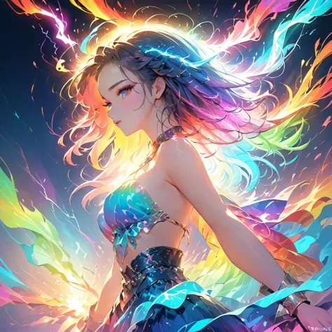 masterpiece,highest quality,shine, spark, lightning, chromatic aberration, the fusion of rainbow and woman, artwork, side view, ...