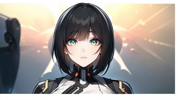 1female, black hair, beautiful face, orange eyes, medium hair, medium breast, futuristic, visual novel cg style, break looking a...