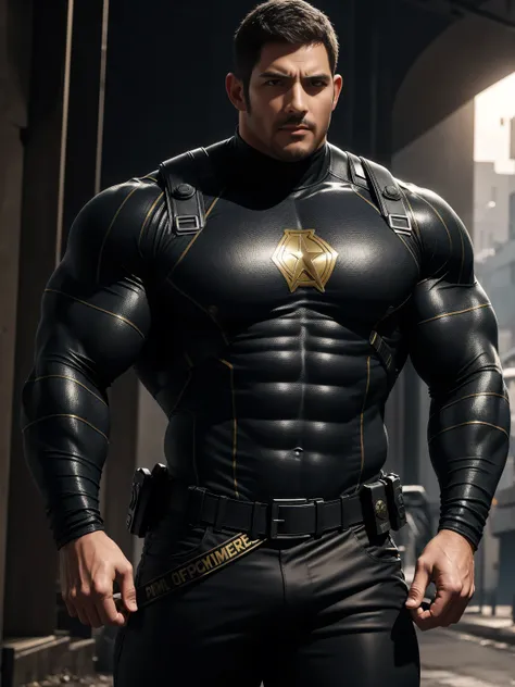 Angry furious muscular police officer,  On the old-style outdoor streets, Wear a brown superhero bodysuit with long sleeves, Elastic spandex material，The expression is arrogant, Lift your chin, Disheveled unkempt hair, Thick thighs, Brown Superhero Bodysui...