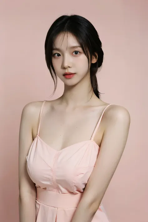 best quality,masterpiece,ultra high res,(photorealistic:1.4),1girl, in studio, pastel pink background, big breast