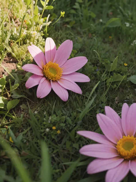 Flower illustration，under the sun，on the grass，There are many colorful flowers blooming