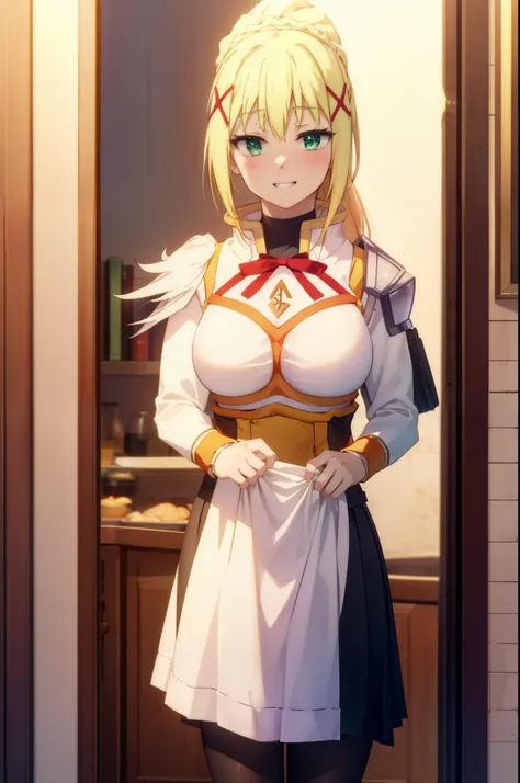 Latin Dustis Ford, Latin Dustis Ford, darkness (KonoSuba), Long Hair, (Green Eyes:1.3), Blonde, hair ornaments, blush,Open your mouth,Grin,ponytail, Braiding, x hair ornaments,headdress, dress, apron, ロングskirt,White Pantyhose,loafers,happy smile, smile, Op...