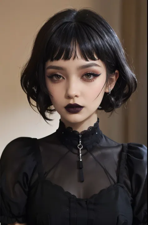 1girl, goth, microbangs, black lips, eye shadow, eyeliner, mascara, smoky eyes, dress, sleeves, choker, short hair, indoors