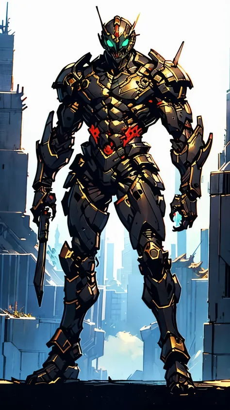 A man wearing a full-face helmet, a fantasy-style biotech armored combat suit, green eyes, (a composite layered chest armor), fully enclosed shoulder guards, matching arm and leg guards, the belt is adorned with fangs biting into gem, (the color scheme is ...