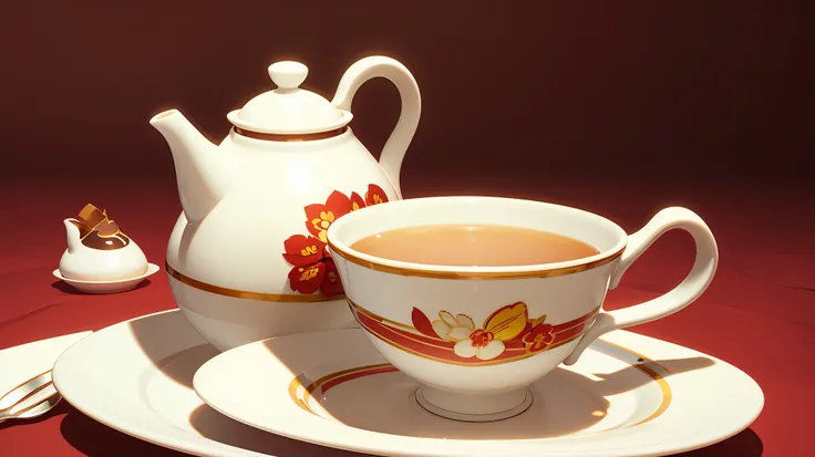 create a image pottrey cup of tea, a cute smile, background food set stocks, 3d digital art