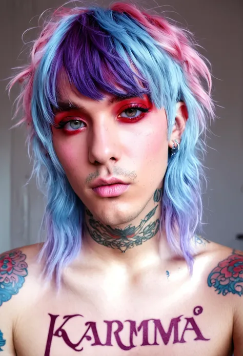 man, soft red shadow on the eyes, long messy pastel blue hair with pastel pink highlights, bangs, purple baroque tattoos on the skin, a bright red word karma tattooed on his neck, purple eyes, piercings,