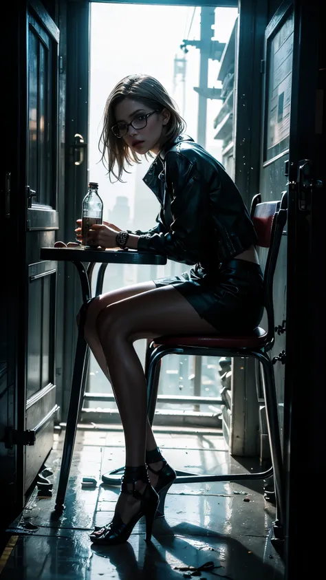 ((Detailed eyes)), bare feet, full body in container, dirty woman chained to a chair, white torn stockings, broken glasses, woman in container, desperate expression, worried alice in wonderland in container, concerned about future, brunette, realistic hand...