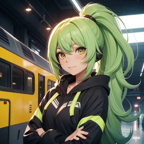 A girl, lime hair, long hair, ponytail hair, feminime, soft smile, lime hoodie jacket, glowing yellow eyes, train background, wearing black headphone,