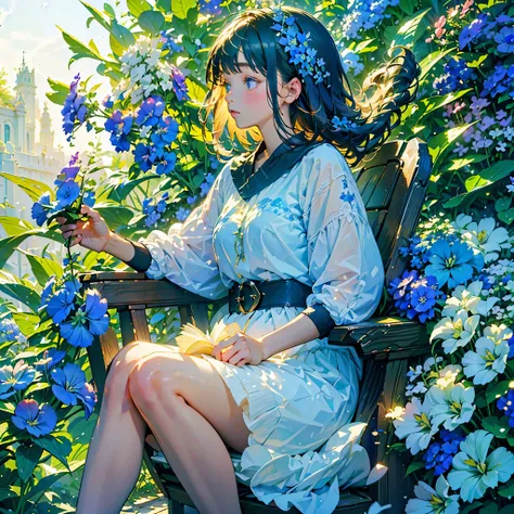 (highest quality, masterpiece, Surreal), Beautiful and delicate profile of a girl sitting on a chair, Playful and cute, Floating petals in the background,Delphinium flower